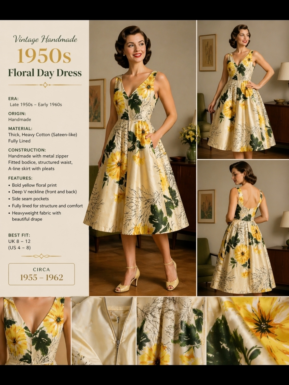 Vintage Yellow Floral Day Dress - Women's 1950s Style Size Small 2-4